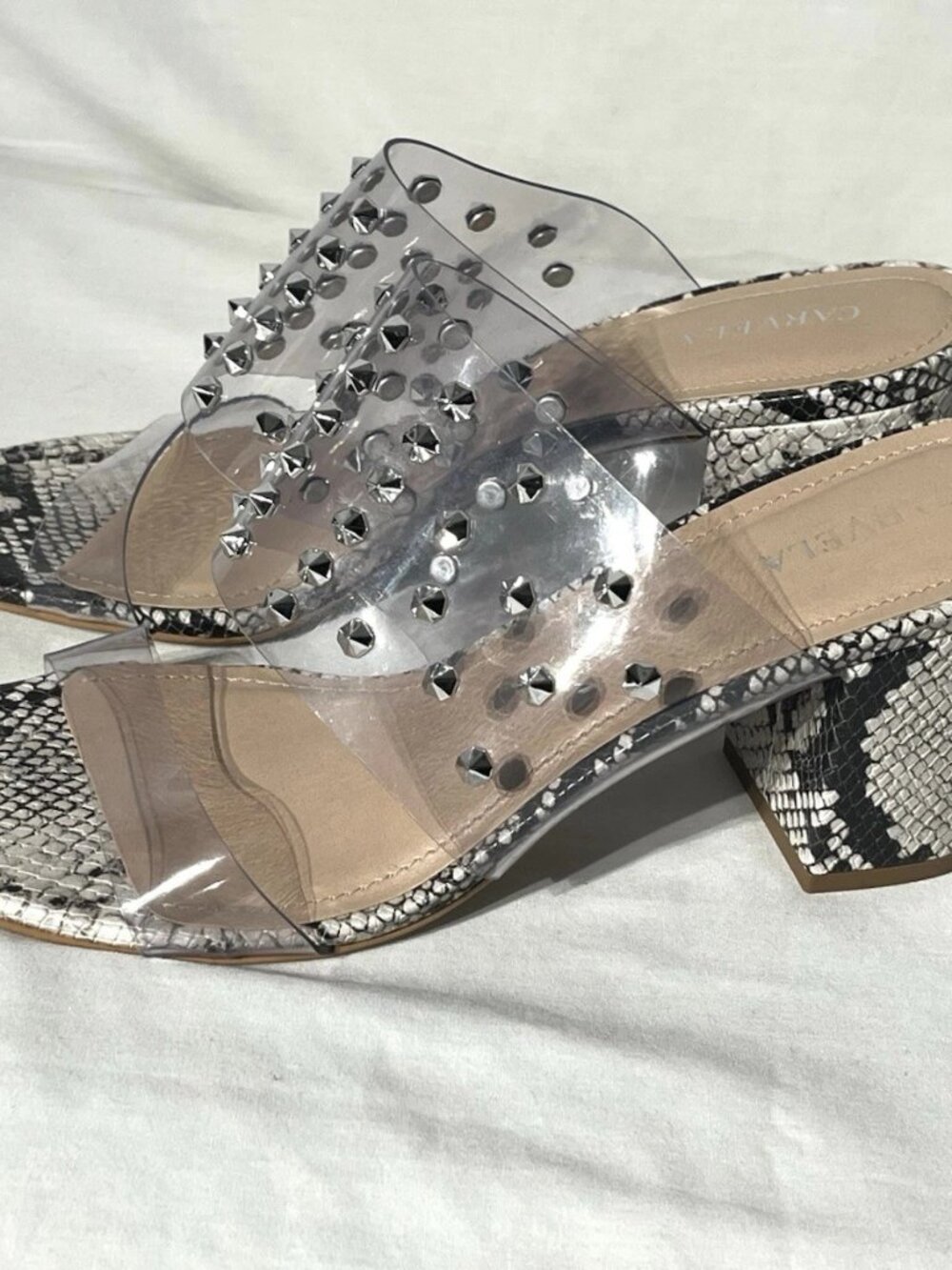 Carvela Studded Clear & Snake Print Block Heel Slip On Sandals sz 8.5 - 9 - Picture 5 of 5
